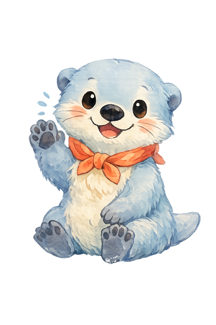 Cheerful cartoon sea otter mascot waving a paw